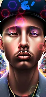 Futuristic urban portrait with neon lights in vibrant cityscape.