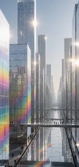 Futuristic glass skyscrapers with rainbow reflections.