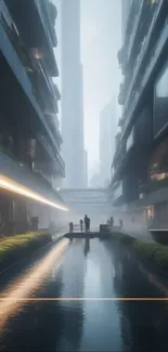 Futuristic cityscape with skyscrapers and misty reflection.