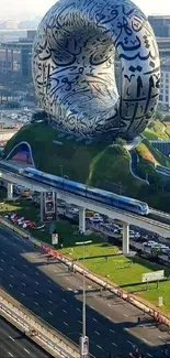 Futuristic urban architecture with train passing by in city view.