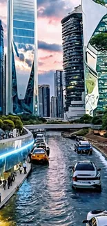 Futuristic cityscape with skyscrapers and canal at sunset.