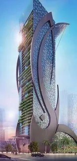 Futuristic skyscraper in an urban setting with blue sky.