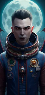 Vampire astronaut with wings under full moon in futuristic art style.