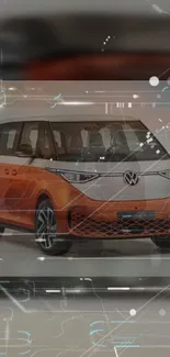 Futuristic orange and white van with tech design.