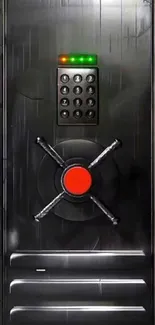 Futuristic vault door with digital keypad.