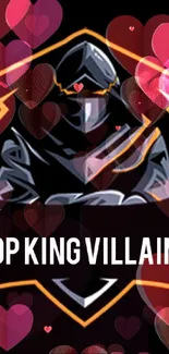 Futuristic villain with heart overlays on wallpaper.