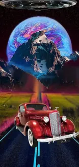 Vintage car in a surreal futuristic landscape wallpaper.