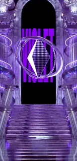 Futuristic violet corridor with geometric design.