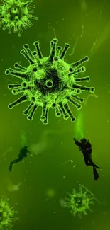 Divers exploring a glowing virus themed underwater scene.