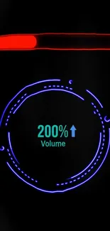 Futuristic volume display with neon graphics and dark background.