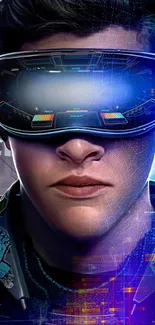 Futuristic gamer with VR goggles in vibrant digital art.