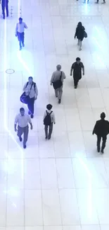 Futuristic walkway with glowing blue lights and people walking.