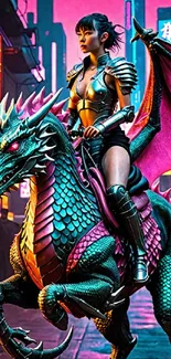 Warrior in armor on dragon in neon-lit city.