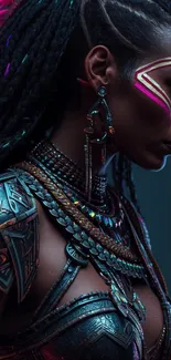 Side view of futuristic warrior in tribal armor with bold colors.