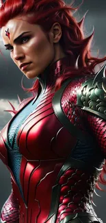 Futuristic warrior with red armor and fierce expression on a dark background.