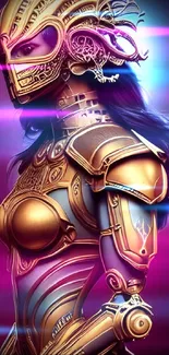 Futuristic warrior wearing detailed armor in vibrant purple light.