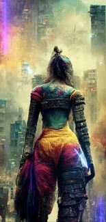 Futuristic warrior standing in colorful, smoky urban environment.