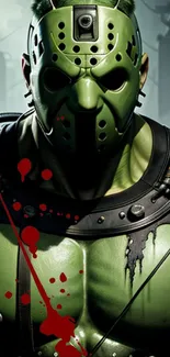 Futuristic green warrior digital art with a mask and intense blood splashes.