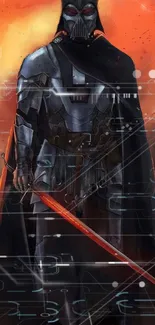 Futuristic warrior in armor with a glowing blade against an orange backdrop.