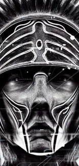 Futuristic warrior with intricate helmet design in a monochrome illustration.