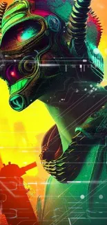 Futuristic warrior in neon colors depicting a cyberpunk theme.