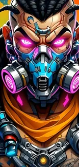 Cyberpunk warrior with neon colors and intricate details.