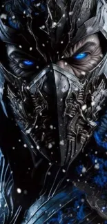 Futuristic warrior with icy blue eyes and intricate armor design wallpaper.