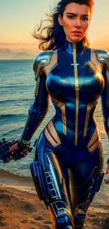 Futuristic warrior in armor at a sunset beach, holding weapon.