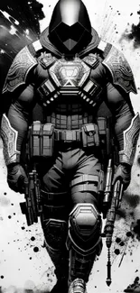 Black and white futuristic warrior in armor walking.