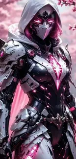 Futuristic warrior in armor with pink cherry blossoms