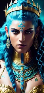 Futuristic warrior with blue hair and gold armor in a fantasy setting.