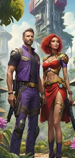 Futuristic warrior couple in urban setting with vibrant colors.