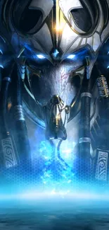 Futuristic warrior with blue glowing accents on a phone wallpaper.