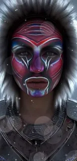 Futuristic warrior with vibrant face paint in detailed metallic armor.