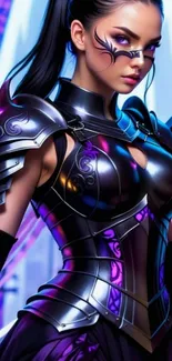 Futuristic female warrior in vibrant armor.
