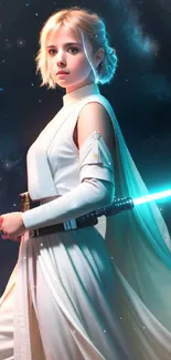 Futuristic warrior holding a glowing saber in a galaxy-themed background.