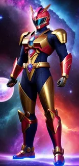 Futuristic warrior with galaxy background, vibrant colors.