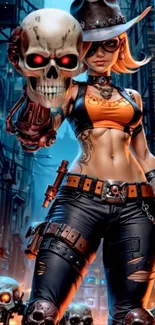 Futuristic warrior girl holding skull in urban setting.