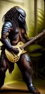 Futuristic warrior with guitar in a jungle-themed background.