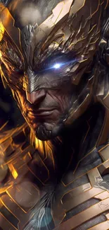 Close-up of a futuristic warrior with glowing eyes and bronze armor.