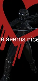 Futuristic warrior holding a sword in front of a red heart with text "She seems nice".