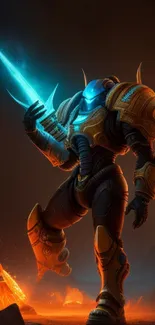 Futuristic warrior holding a glowing blue sword in a fiery landscape.