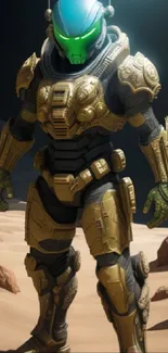 Futuristic warrior in golden armor standing in a moonlit desert.