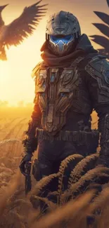 Futuristic armored warrior standing in a golden field at sunset.