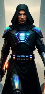 Futuristic warrior in neon accented armor with hood on mobile wallpaper.