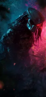 Mysterious futuristic warrior in neon-lit scene with dark blue background.