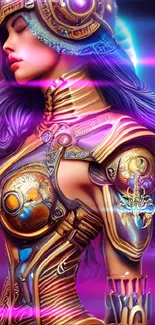 Futuristic neon-clad female warrior in vibrant armor against a purple background.