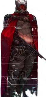 Futuristic warrior with red cloak and digital elements.