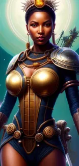 Futuristic warrior with golden armor set against a cosmic teal background.