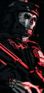 Futuristic soldier with skull mask and red accents on a black background.